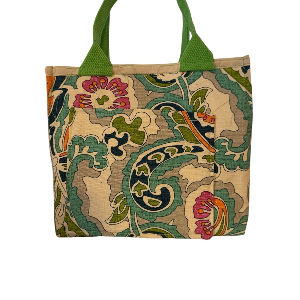 Green Handle Floral Pattern Canvas Tote Bag